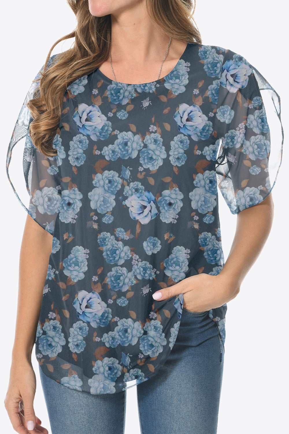 Printed Round Neck Curved Hem Blouse