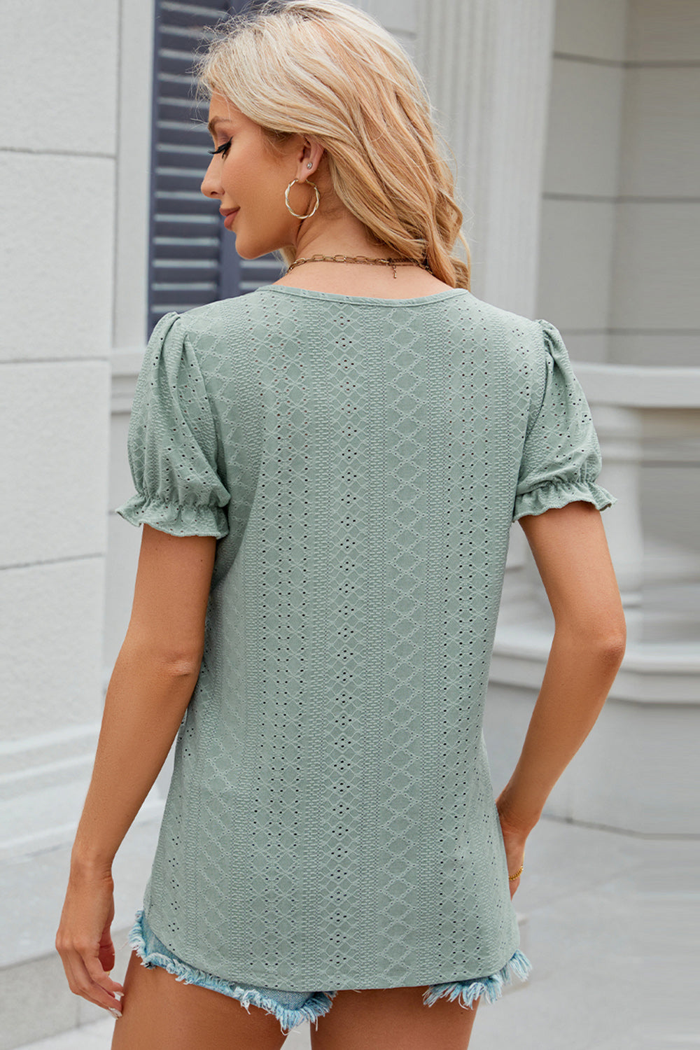 Eyelet Round Neck Flounce Sleeve T-Shirt