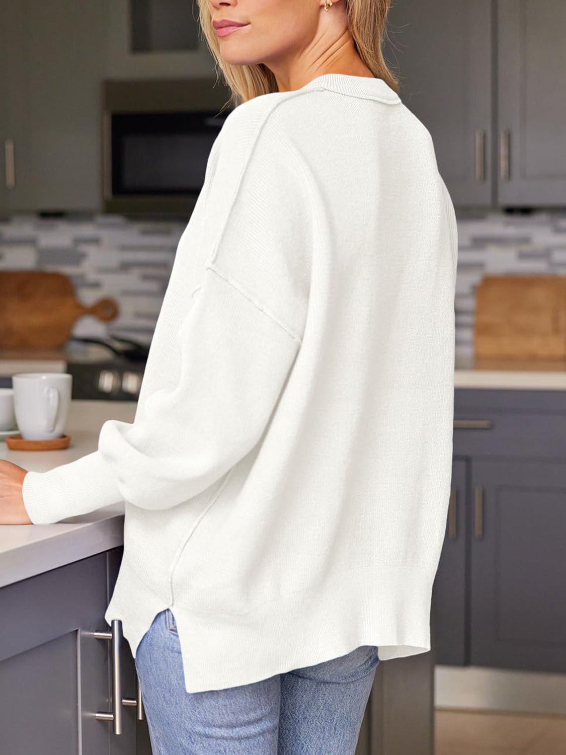 Slit Round Neck Dropped Shoulder Sweater