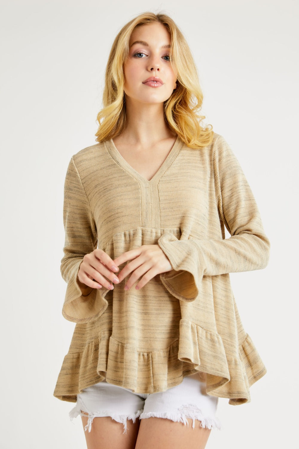 Hailey & Co V-Neck Flounce Sleeve Knit Top