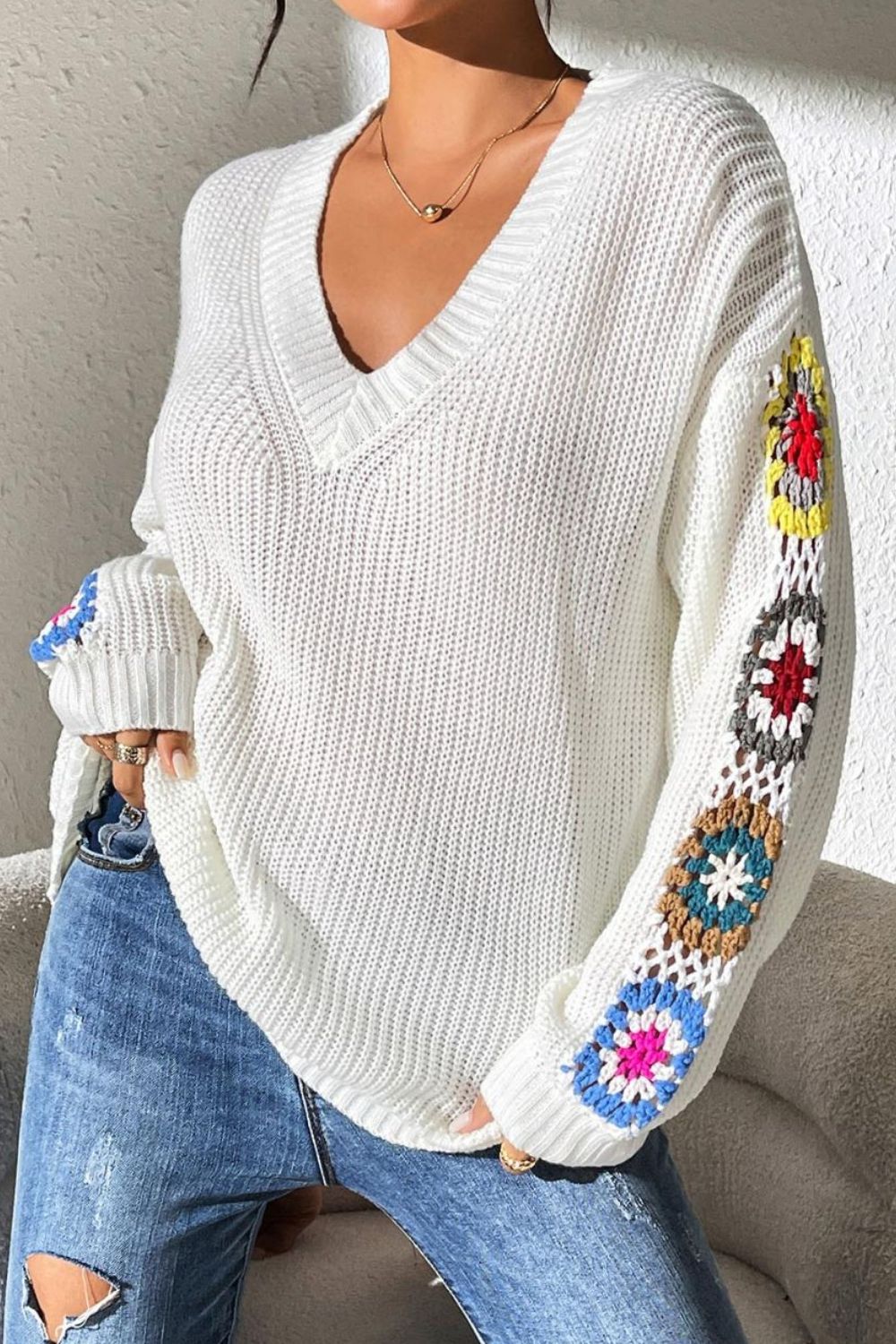 Crochet Flower V-Neck Sweater