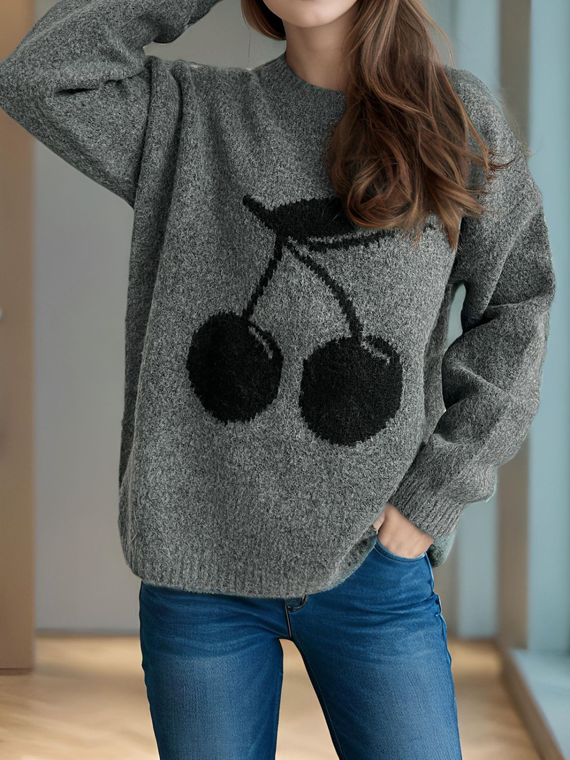 Cherry Round Neck Long Sleeve Sweater