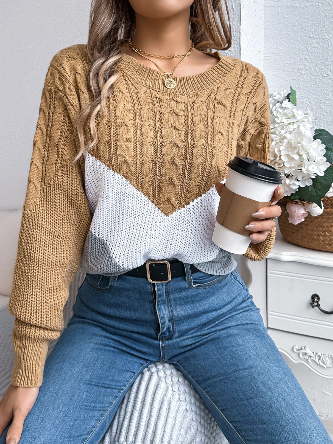 Cable-Knit Color Block Round Neck Sweater