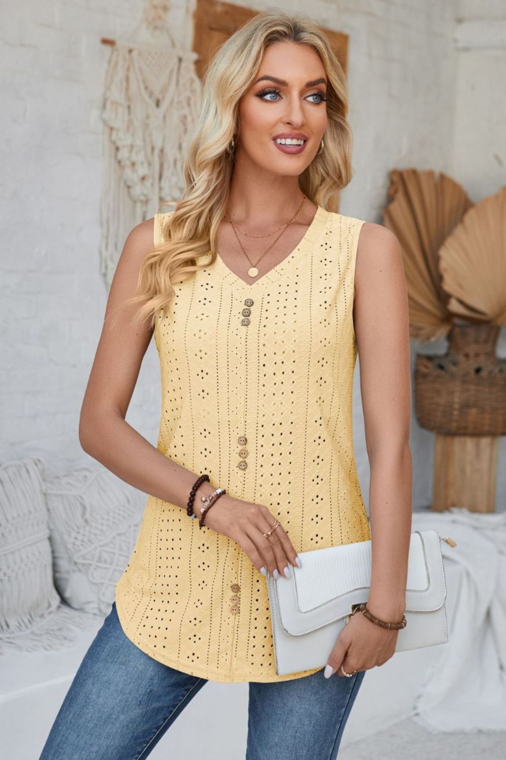 Eyelet Decorative Button V-Neck Tank