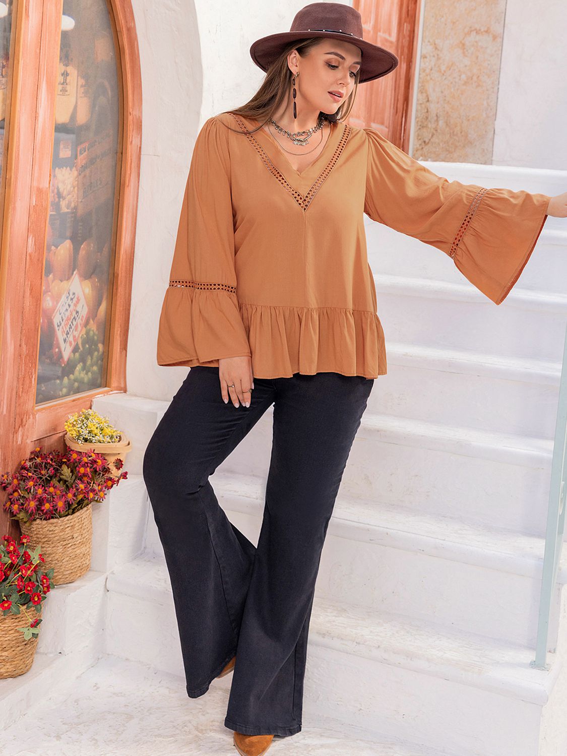 Plus Size V-Neck Peplum Blouse