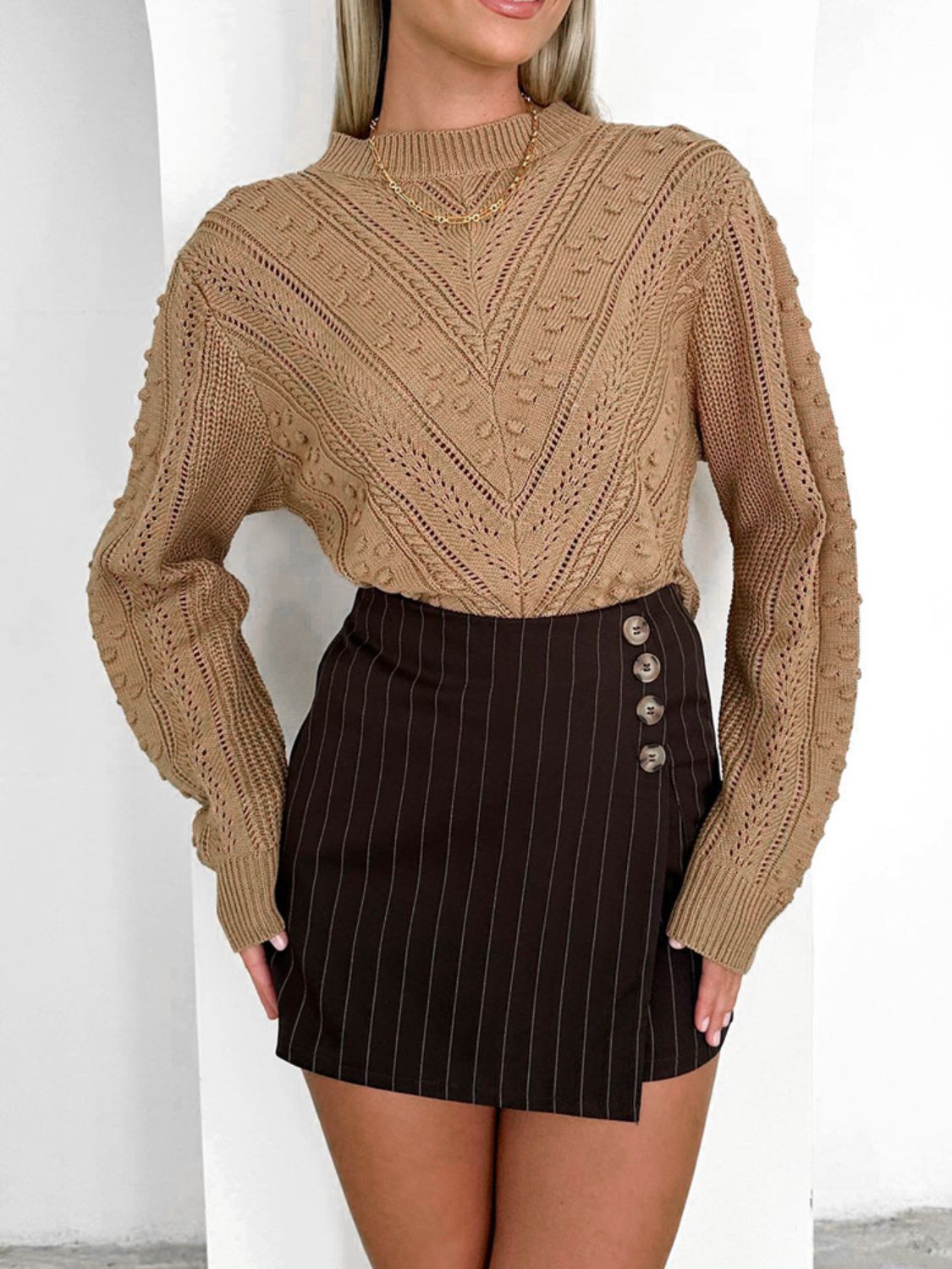 Perfee Openwork Round Neck Long Sleeve Sweater