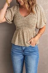 Smocked Balloon Sleeve Peplum Blouse