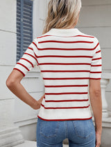 Striped Johnny Collar Short Sleeve Sweater