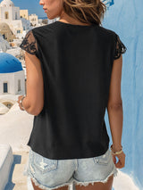 Perfee Lace Trim Cap Sleeve Blouse