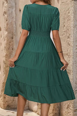 Perfee V-Neck Button Up Balloon Sleeve Midi Dress