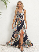 Slit Tied Printed Surplice Dress