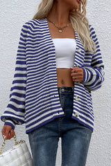 Striped V-Neck Button-Down Cardigan