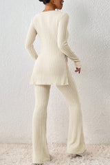 Ribbed Long Sleeve Slit Top and Bootcut Pants Set