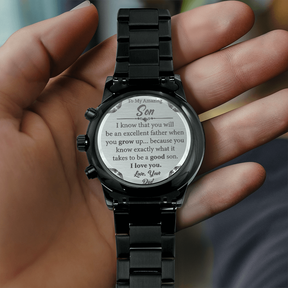 Card Black Chronograph Watch with Engraving For Son