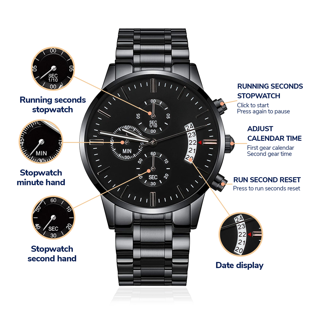 Card Black Chronograph Watch with Engraving For Dad