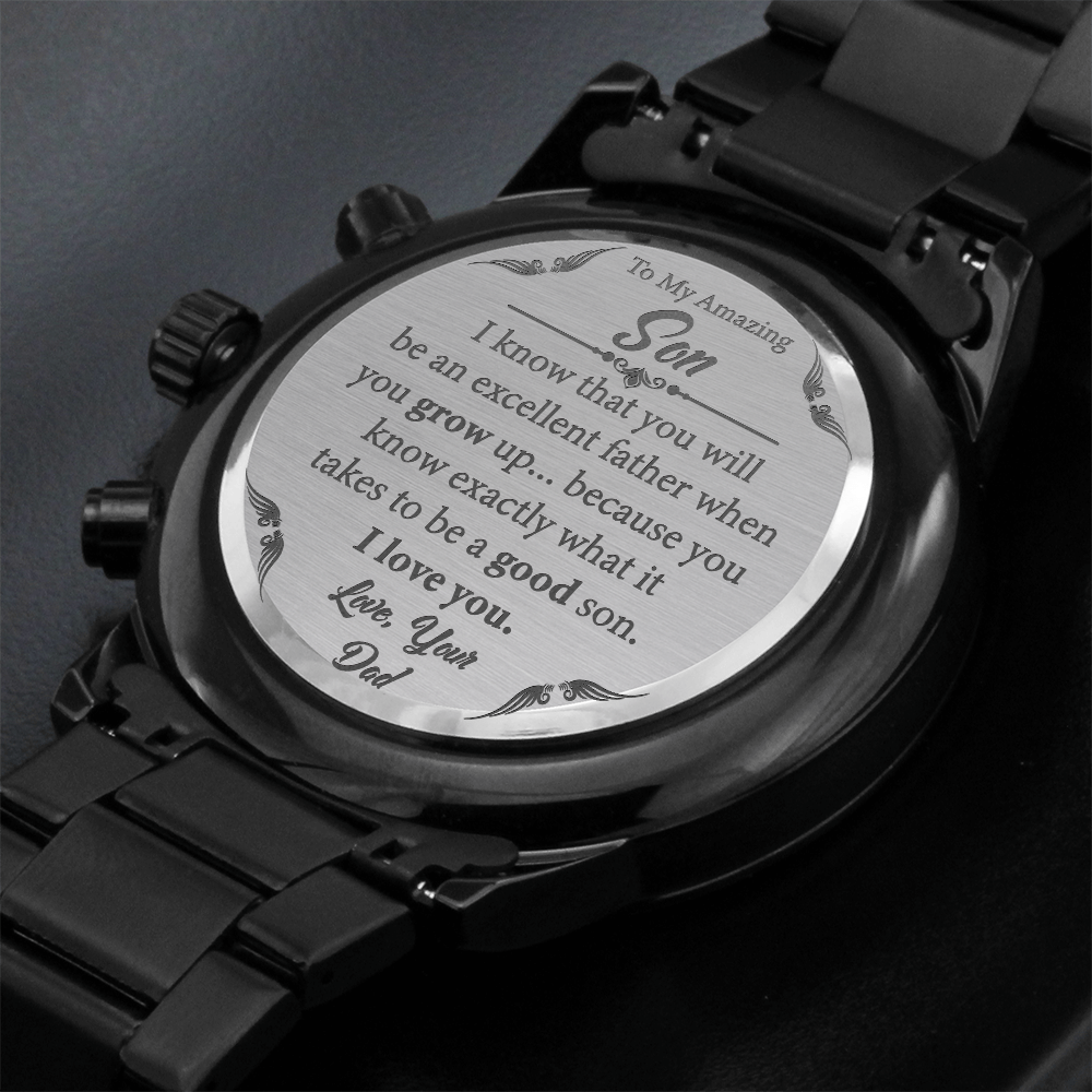 Card Black Chronograph Watch with Engraving For Son