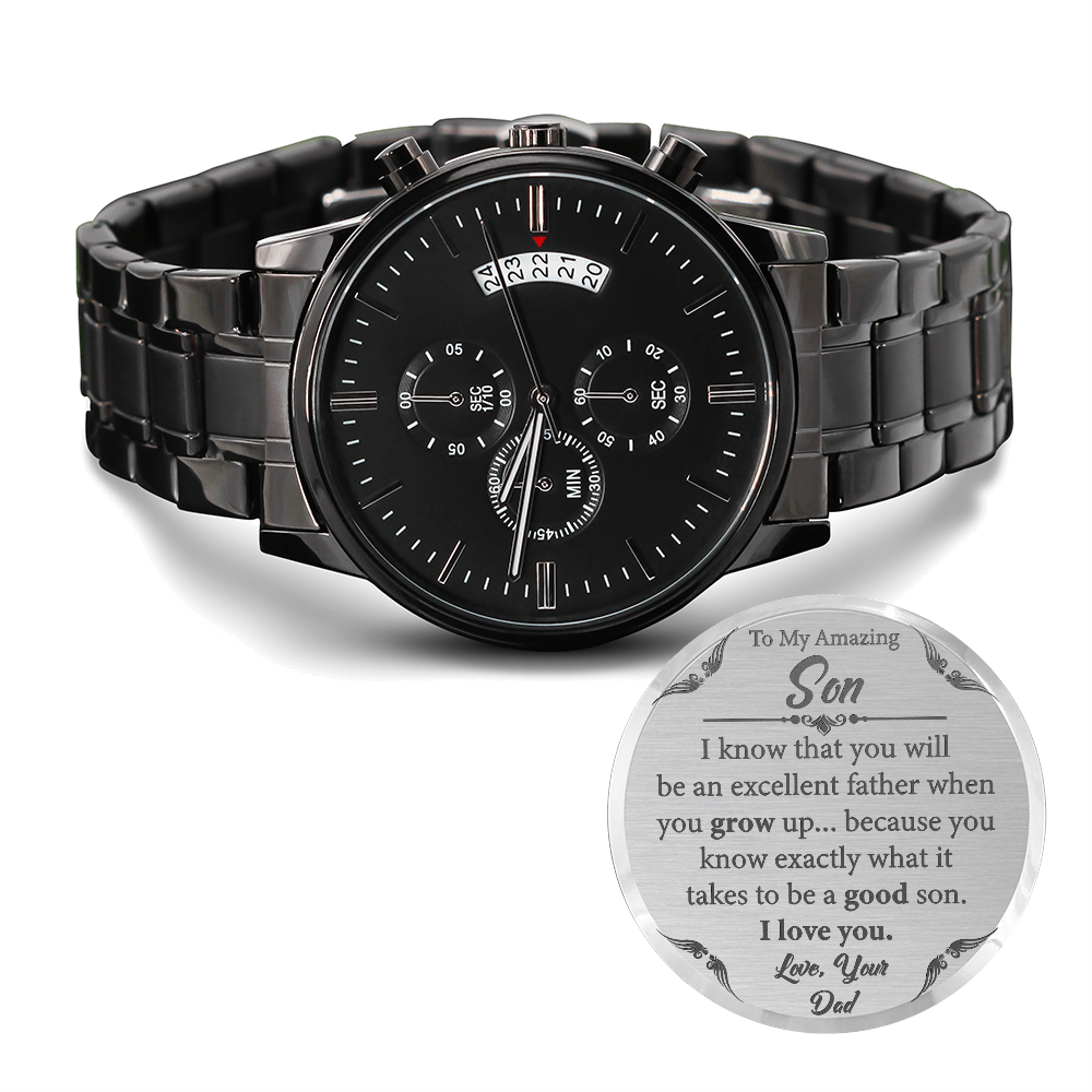 Card Black Chronograph Watch with Engraving For Son