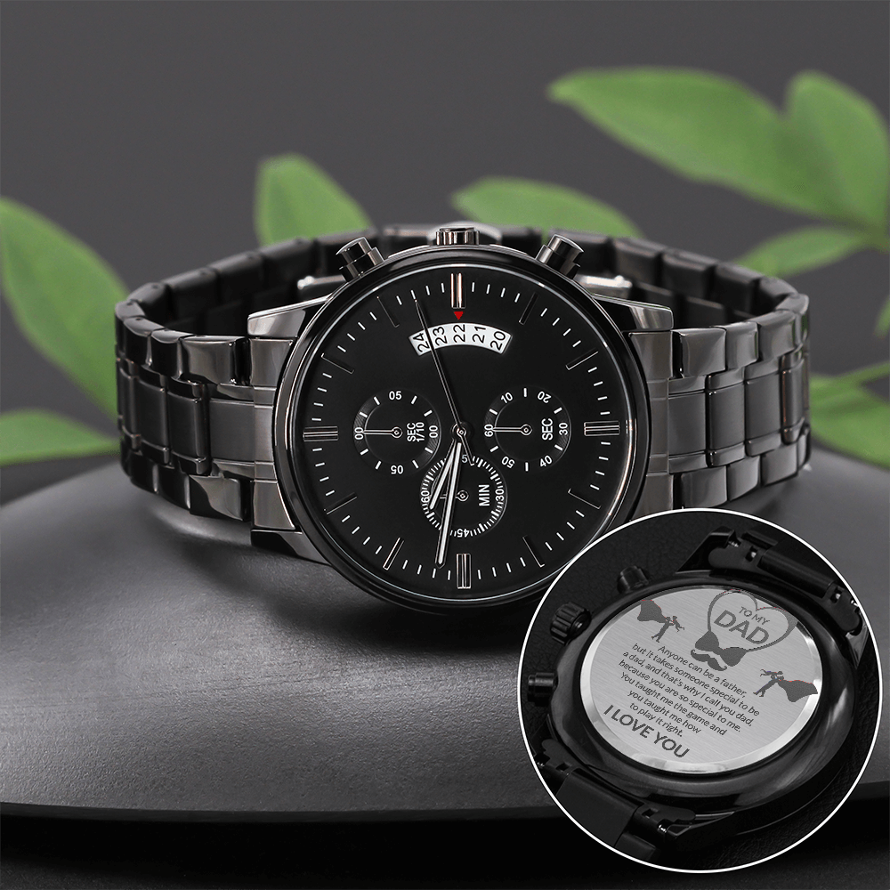 Card Black Chronograph Watch with Engraving For Dad