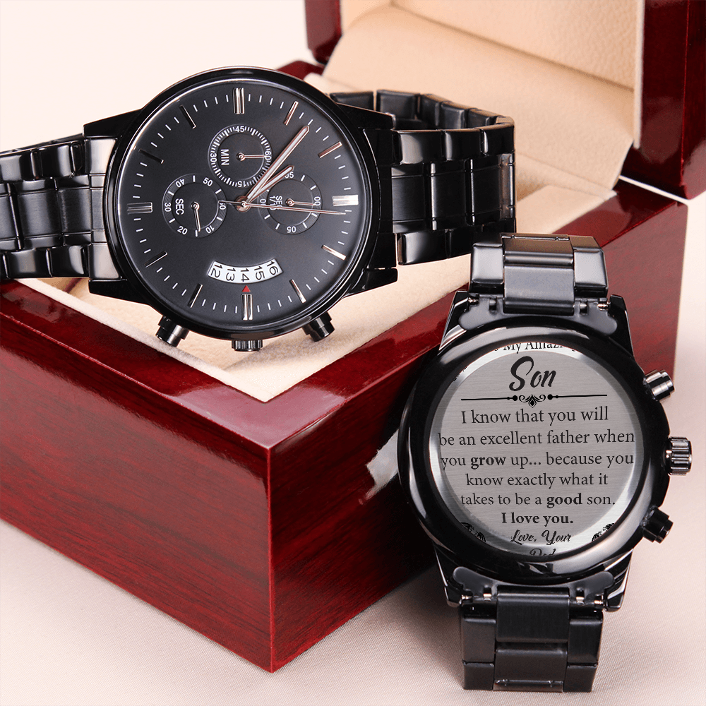 Card Black Chronograph Watch with Engraving For Son