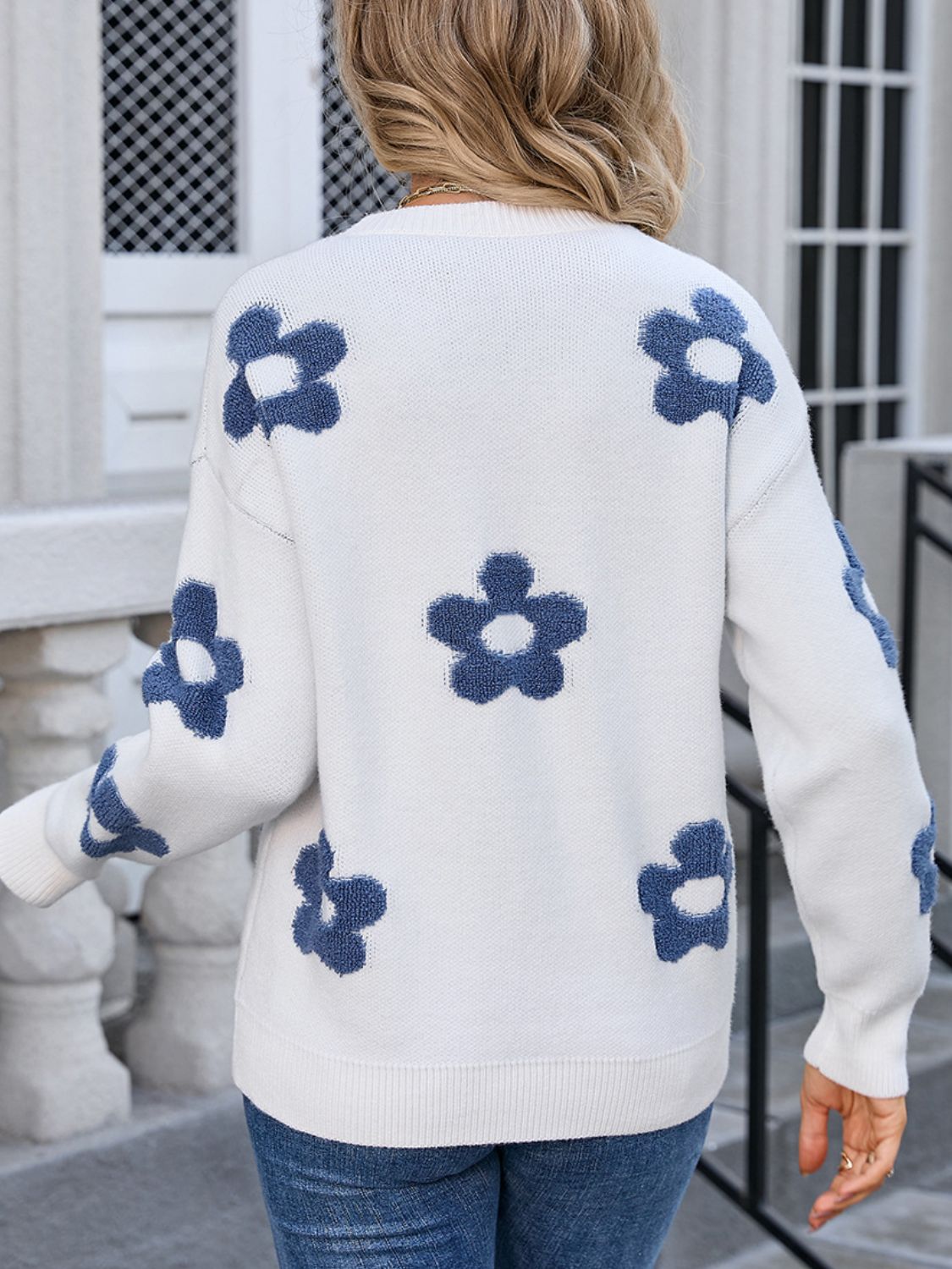 Angel Wings Flower Round Neck Long Sleeve Sweater