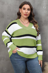 Plus Size Striped V-Neck Dropped Shoulder Sweater