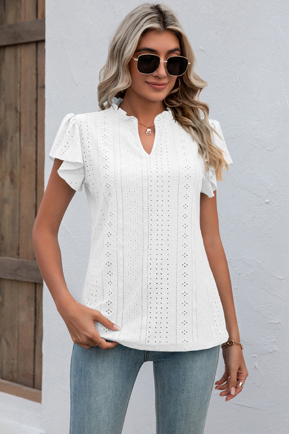 Eyelet Notched Flutter Sleeve T-Shirt