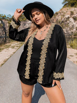 Plus Size Contrast Long Sleeve Top and Shorts Set