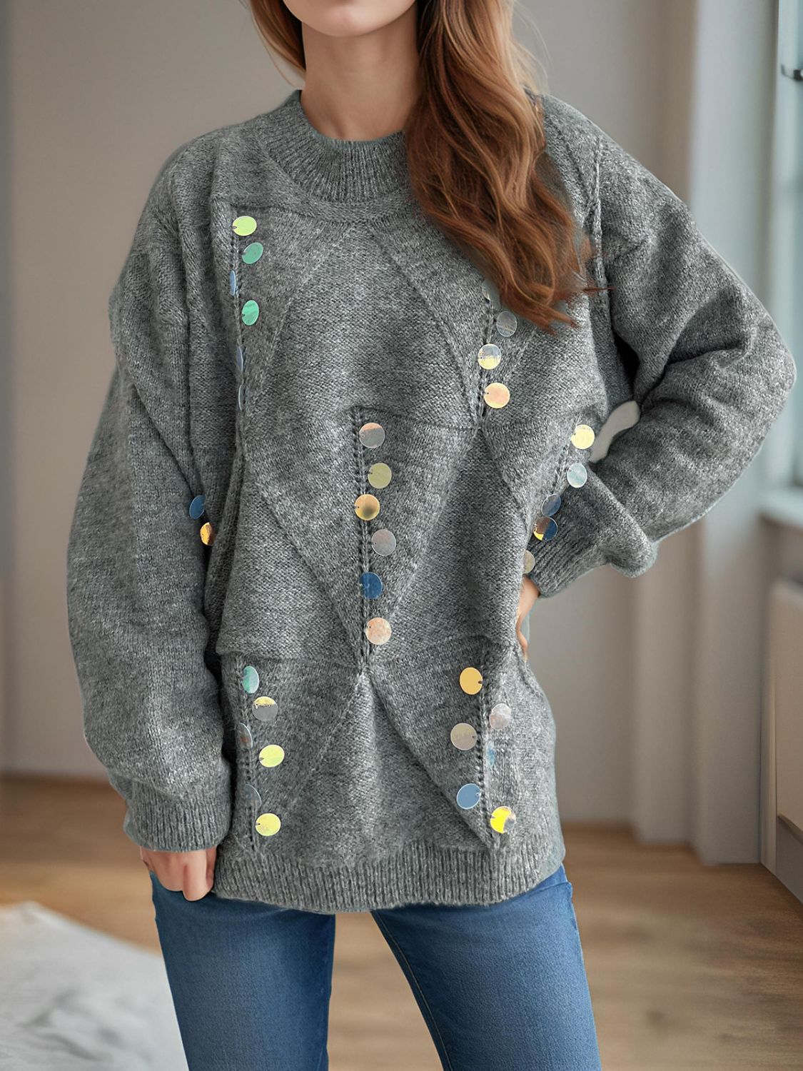 Sequin Mock Neck Long Sleeve Sweater