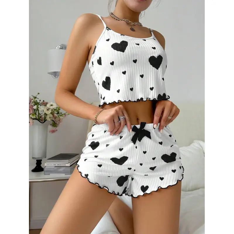 Heart Printing Suspender Shorts Casual Sunken Stripe Outerwear European And American Style Women Pajamas