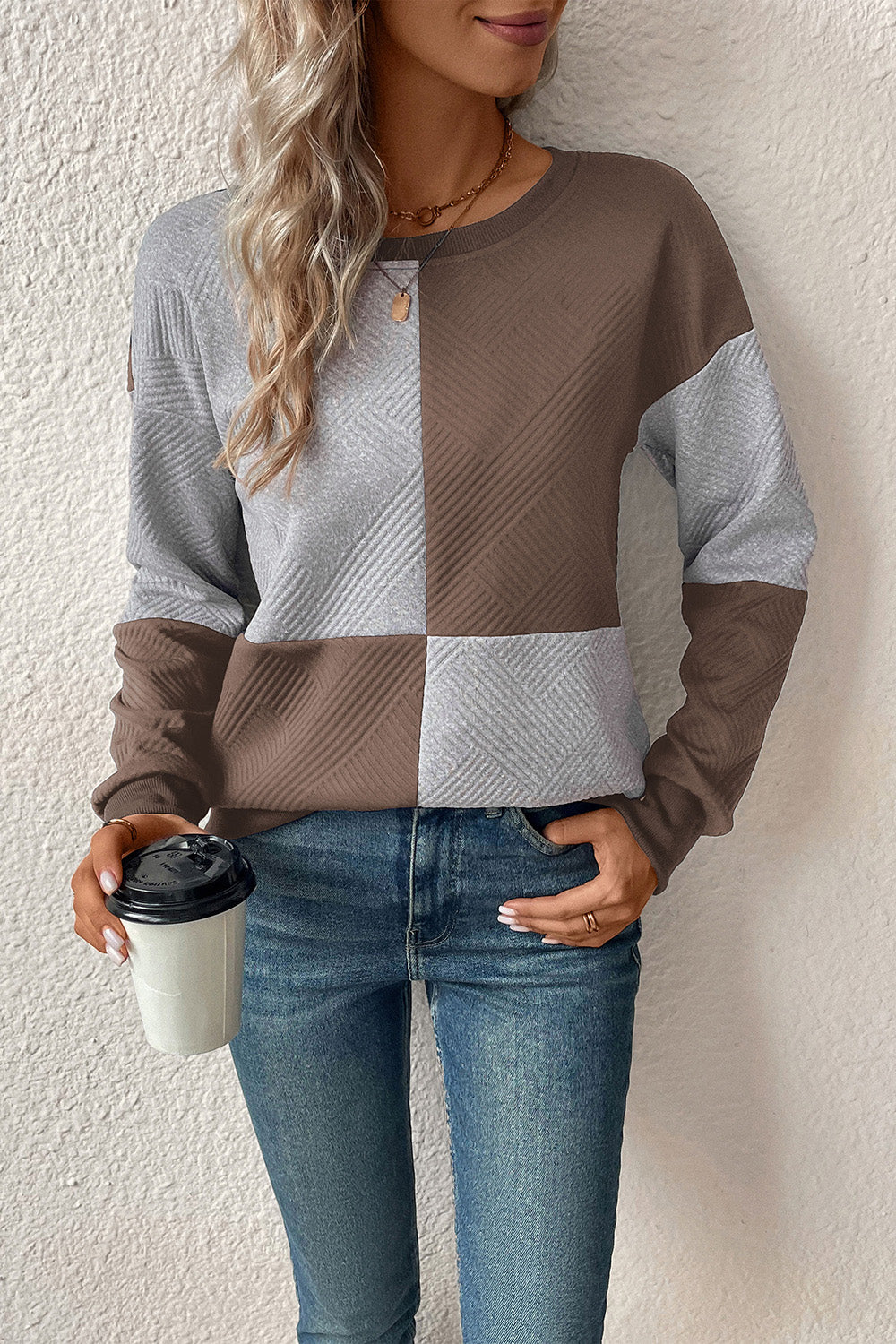 Perfee Textured Color Block Round Neck Sweatshirt