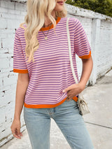 Lovelet Striped Contrast Round Neck Half Sleeve Knit Top