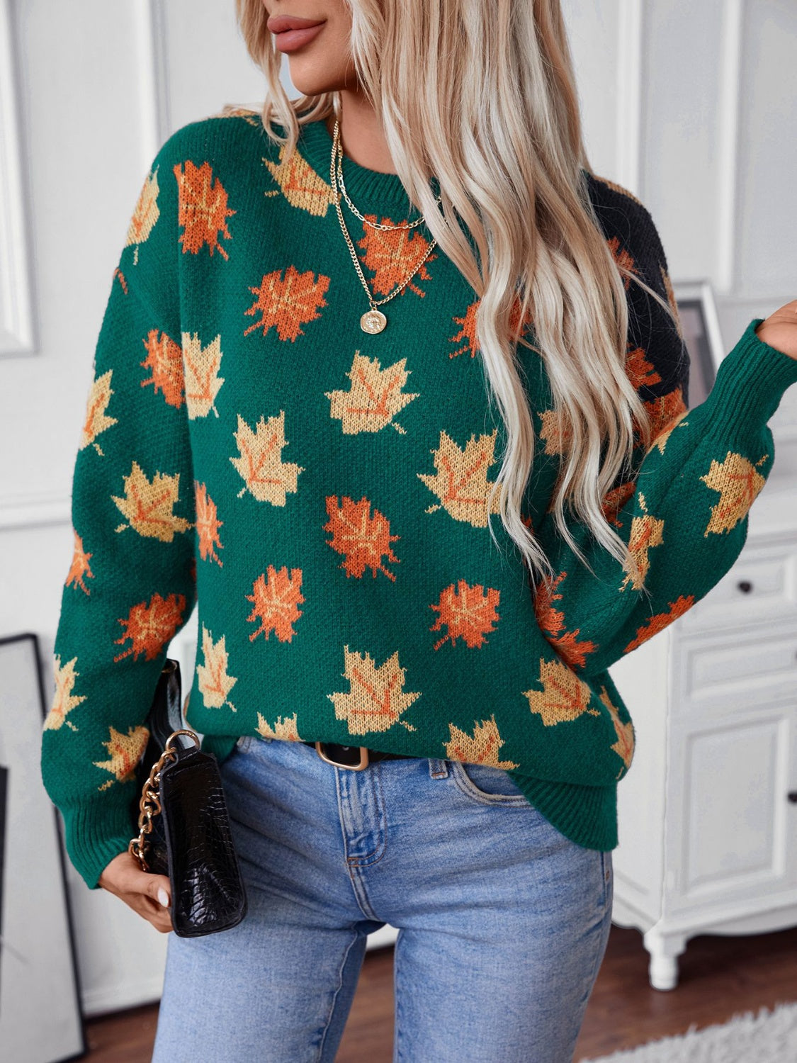 Maple Leaf Round Neck Long Sleeve Sweater