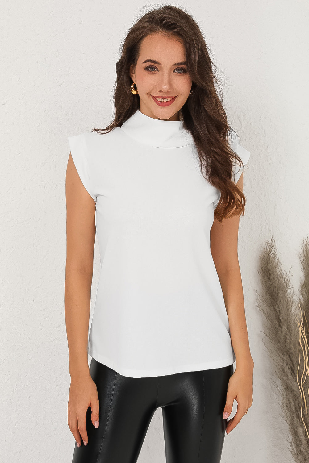 Mock Neck Cap Sleeve Blouse