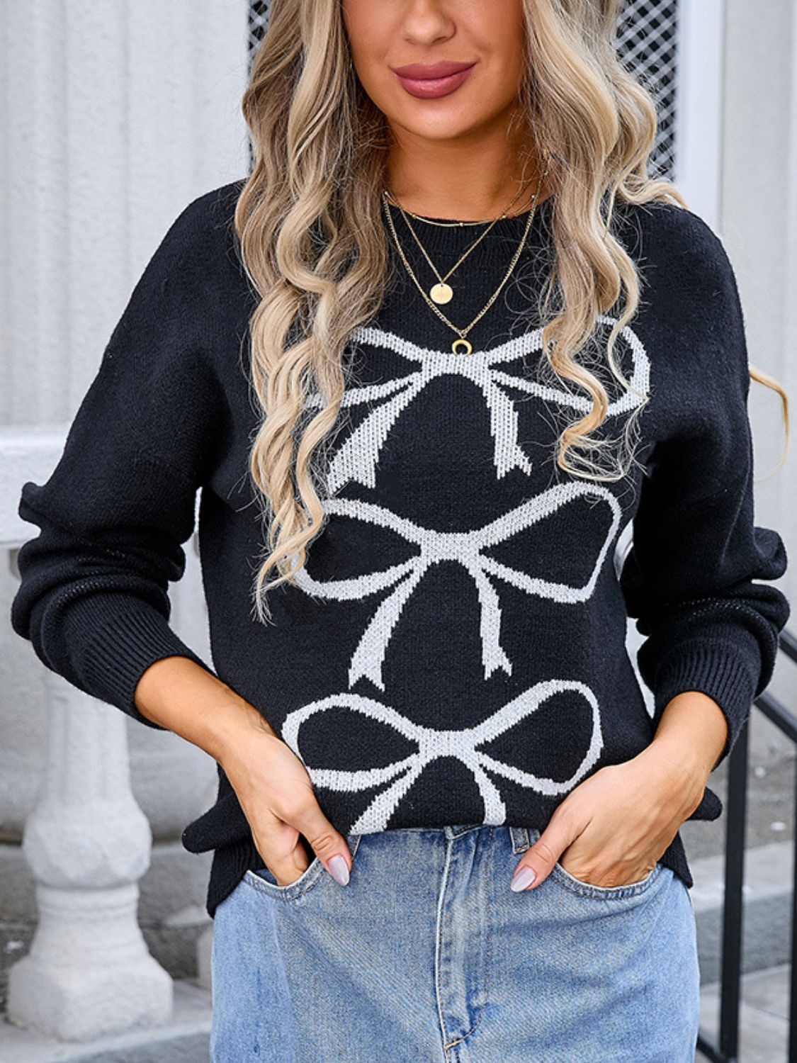 Angel Wings Bow Graphic Round Neck Long Sleeve Sweater