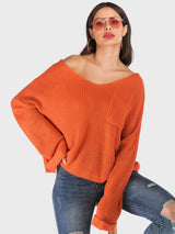 Perfee V-Neck Dropped Shoulder Long Sleeve Sweater