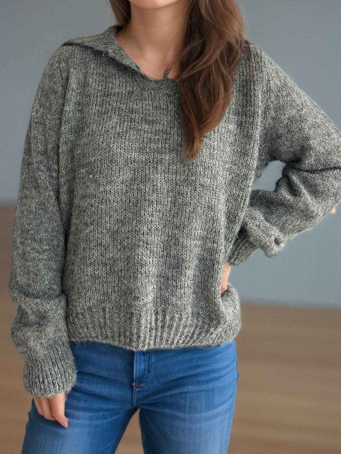 Collared Neck Long Sleeve Sweater