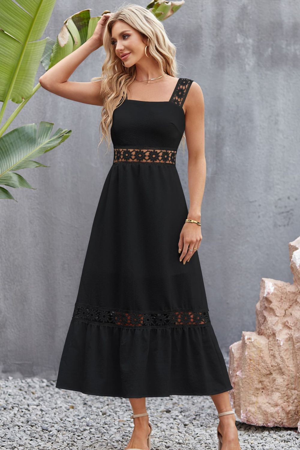 Spliced Lace Square Neck Sleeveless Midi Dress