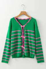 Bow Striped V-Neck Long Sleeve Cardigan