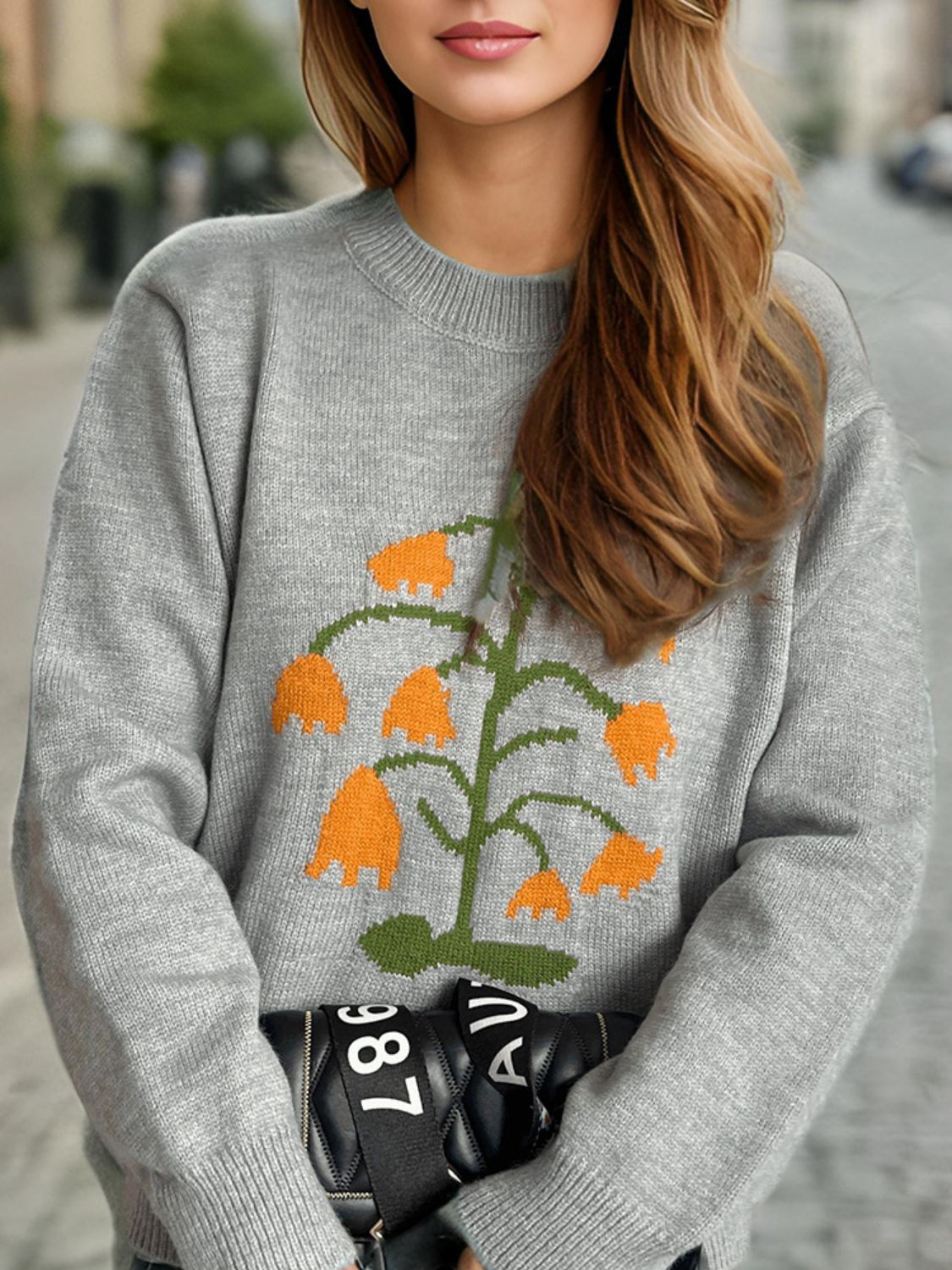 Plant Round Neck Long Sleeve Sweater