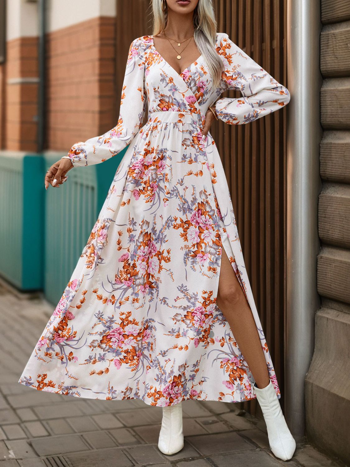 Perfee Slit Printed Surplice Long Sleeve Maxi Dress