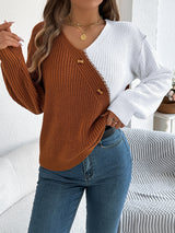 Two-Tone V-Neck Long Sleeve Sweater