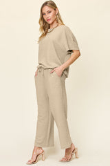 Double Take Full Size Texture Short Sleeve Top and Pants Set