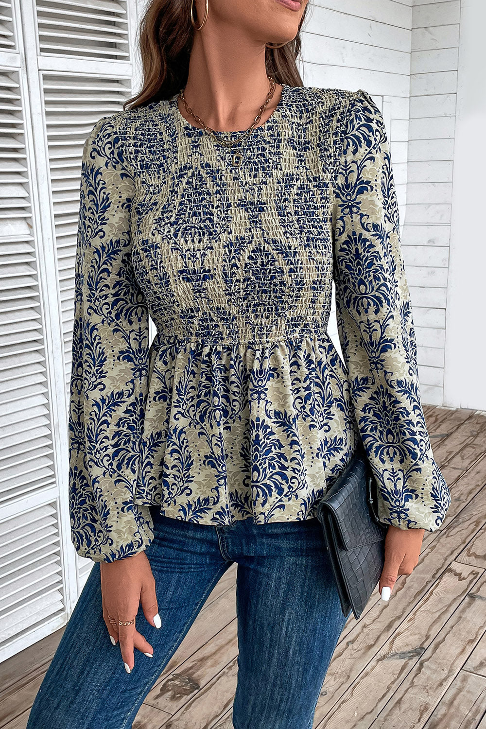 Perfee Smocked Printed Balloon Sleeve Blouse