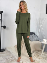 Shiny Round Neck Top and Drawstring Pants Lounge Set