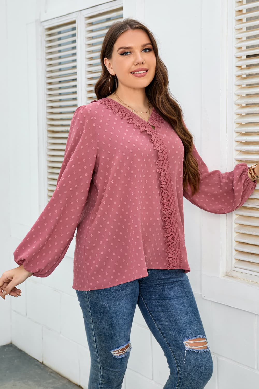 Honey Melo Apparel Plus Size Lace Trim V-Neck Balloon Sleeve Blouse