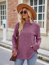 Ribbed Turtleneck Long Sleeve Slit Knit Top