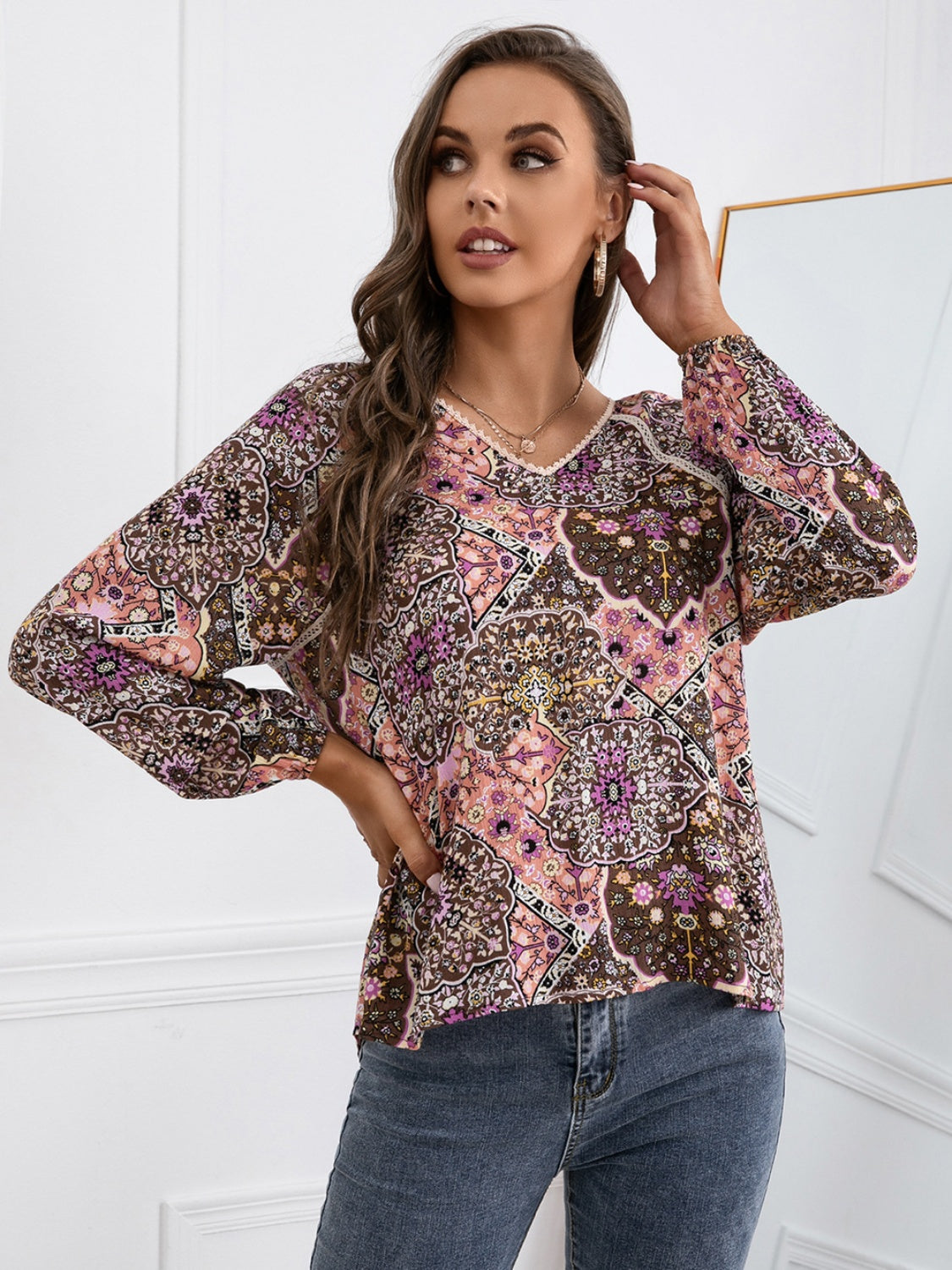 Ivy Lane Lace Detail Printed V-Neck Blouse