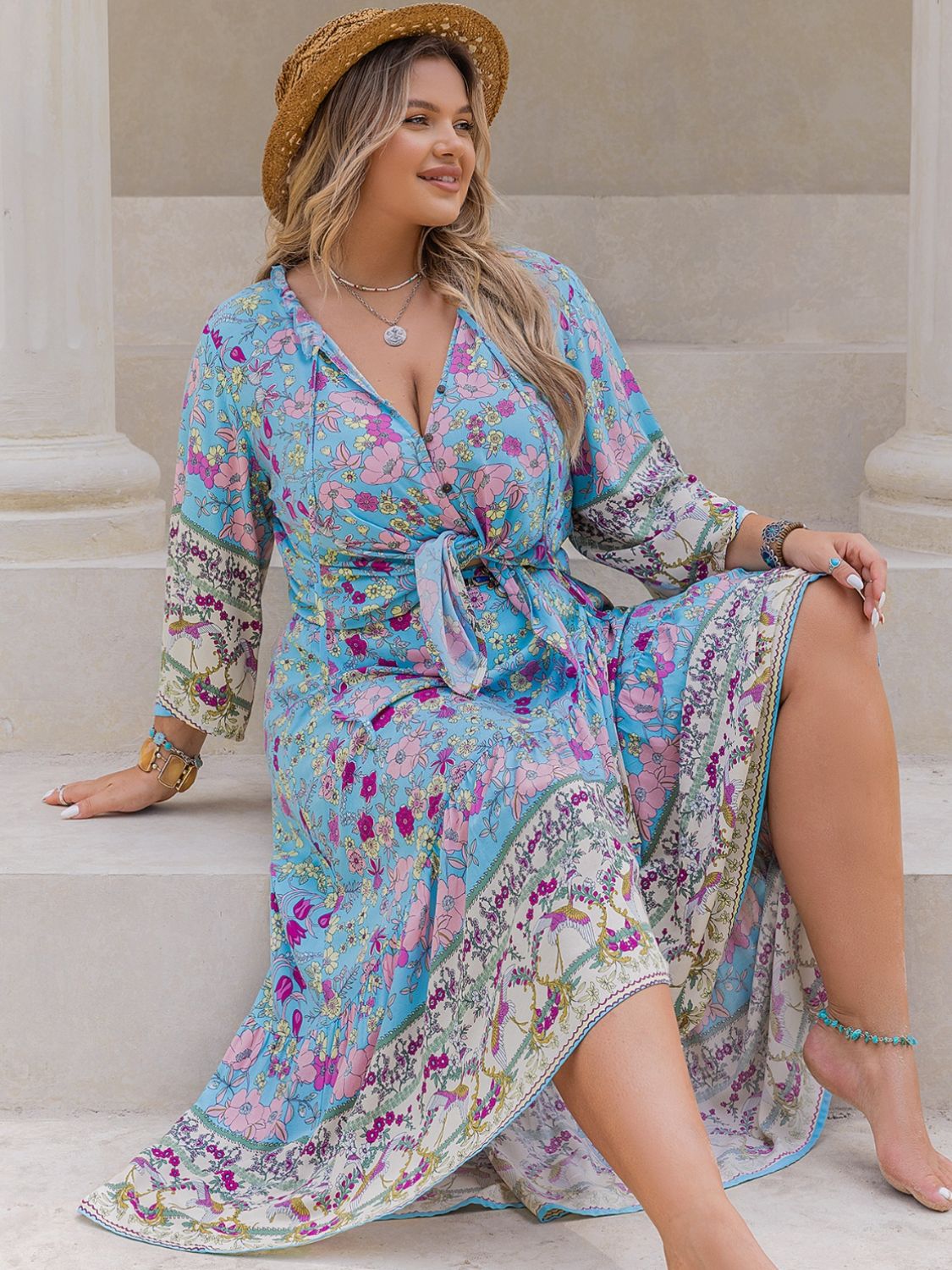 Plus Size Printed Tie Neck Top and Skirt Set