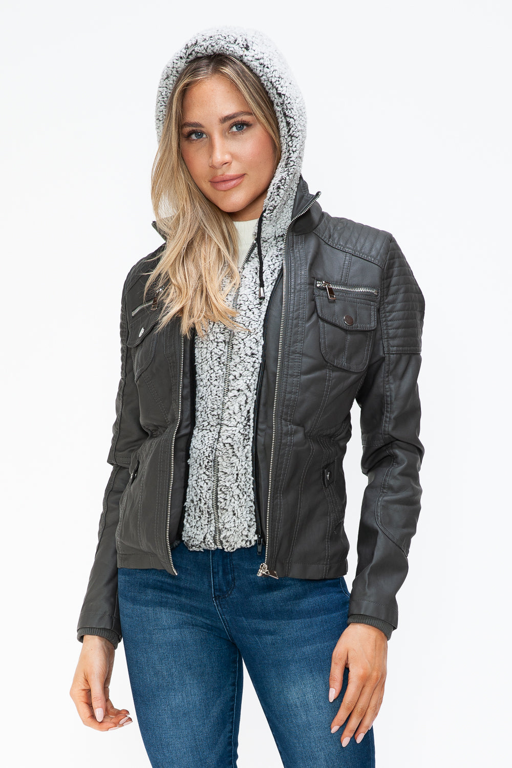 YMI Removable Faux Layered Multi-Pocket Jacket with Fuzzy Hood