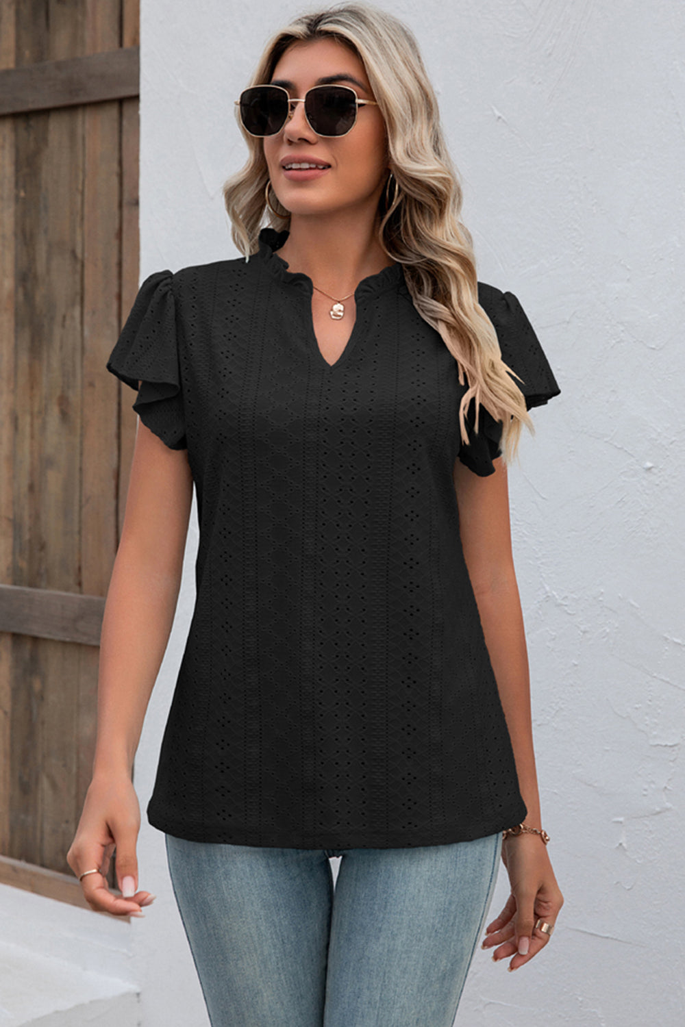 Eyelet Notched Flutter Sleeve T-Shirt